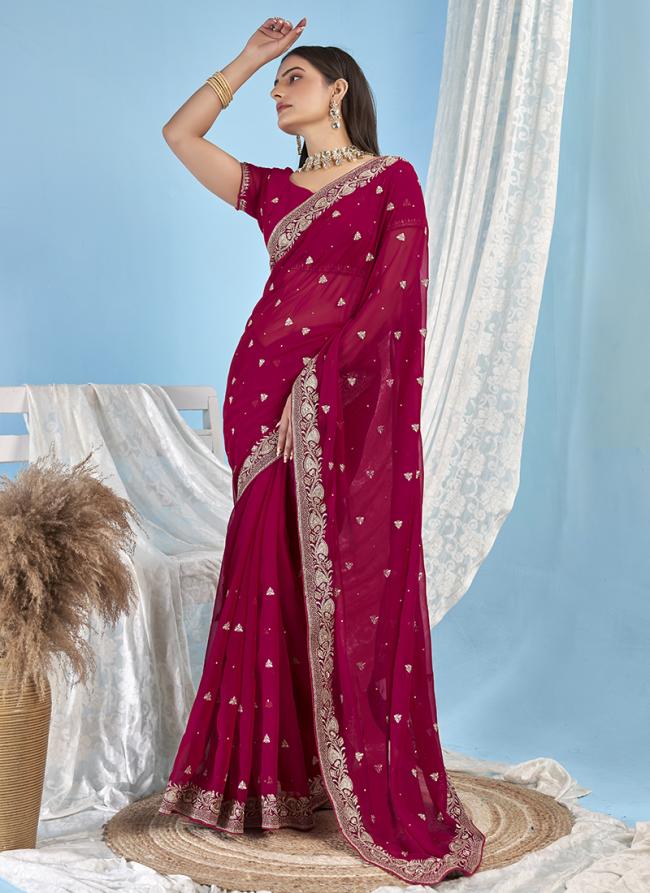 Georgette Pink Party Wear Embroidery Work Saree